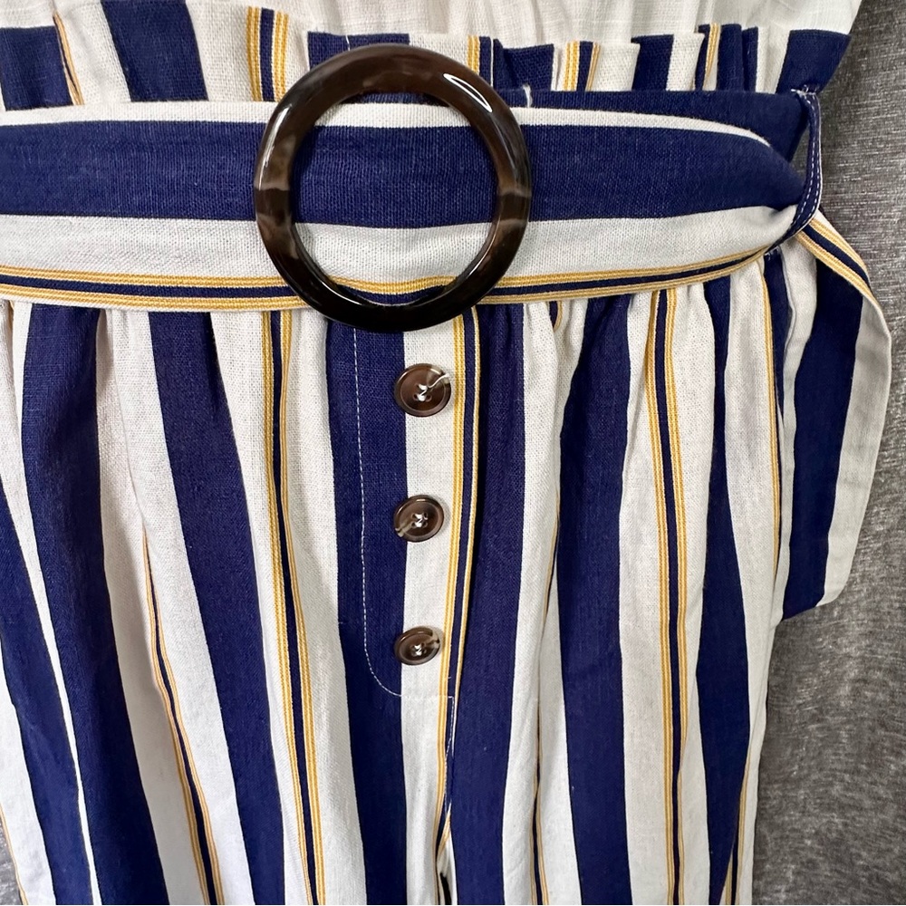 E & M White Blue and Mustard Striped Belted Overall Jumpsuit Women's Size L - Picture 10 of 14